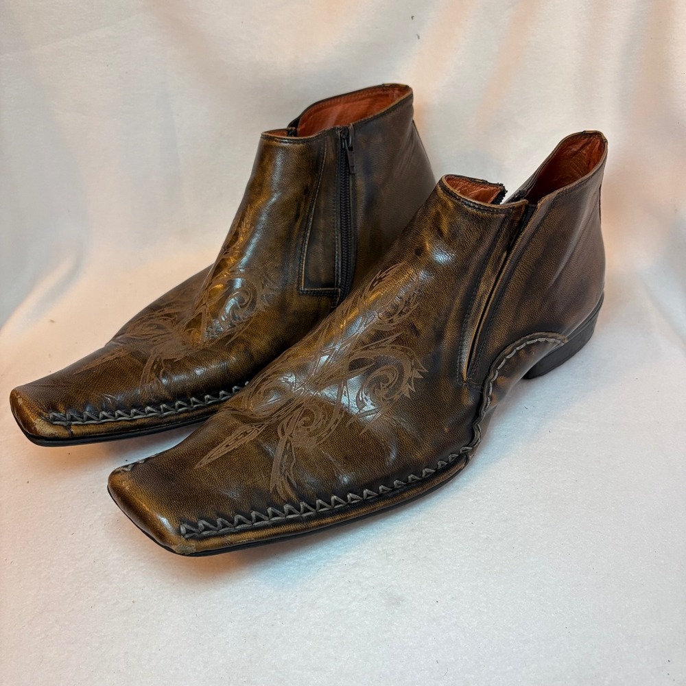 Robert Wayne Viscaya Brown Etched Leather Square Toe Ankle Boots Size 11